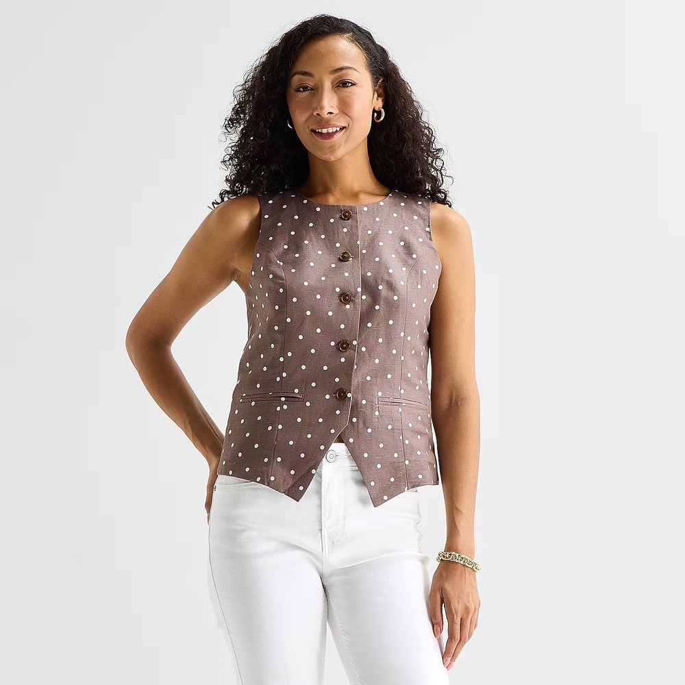 MSRP $48 Liz Claiborne Womens S Coffee Dot Round Neck Sleeveless Vest